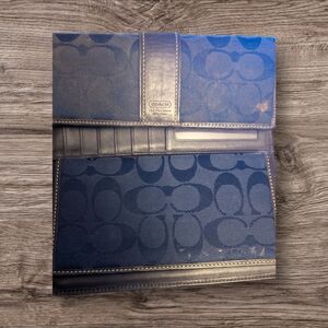 Brown Coach Signature Canvas Trifold Wallet With Leather Trim